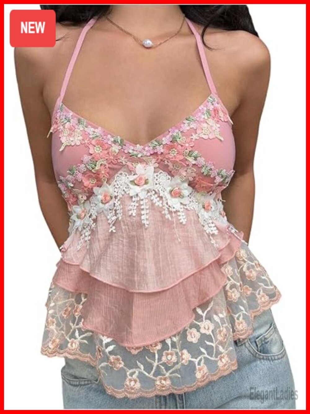 Women's Floral Embroidery Halter Top Ruffle Hem Peplum Crop Tank Top